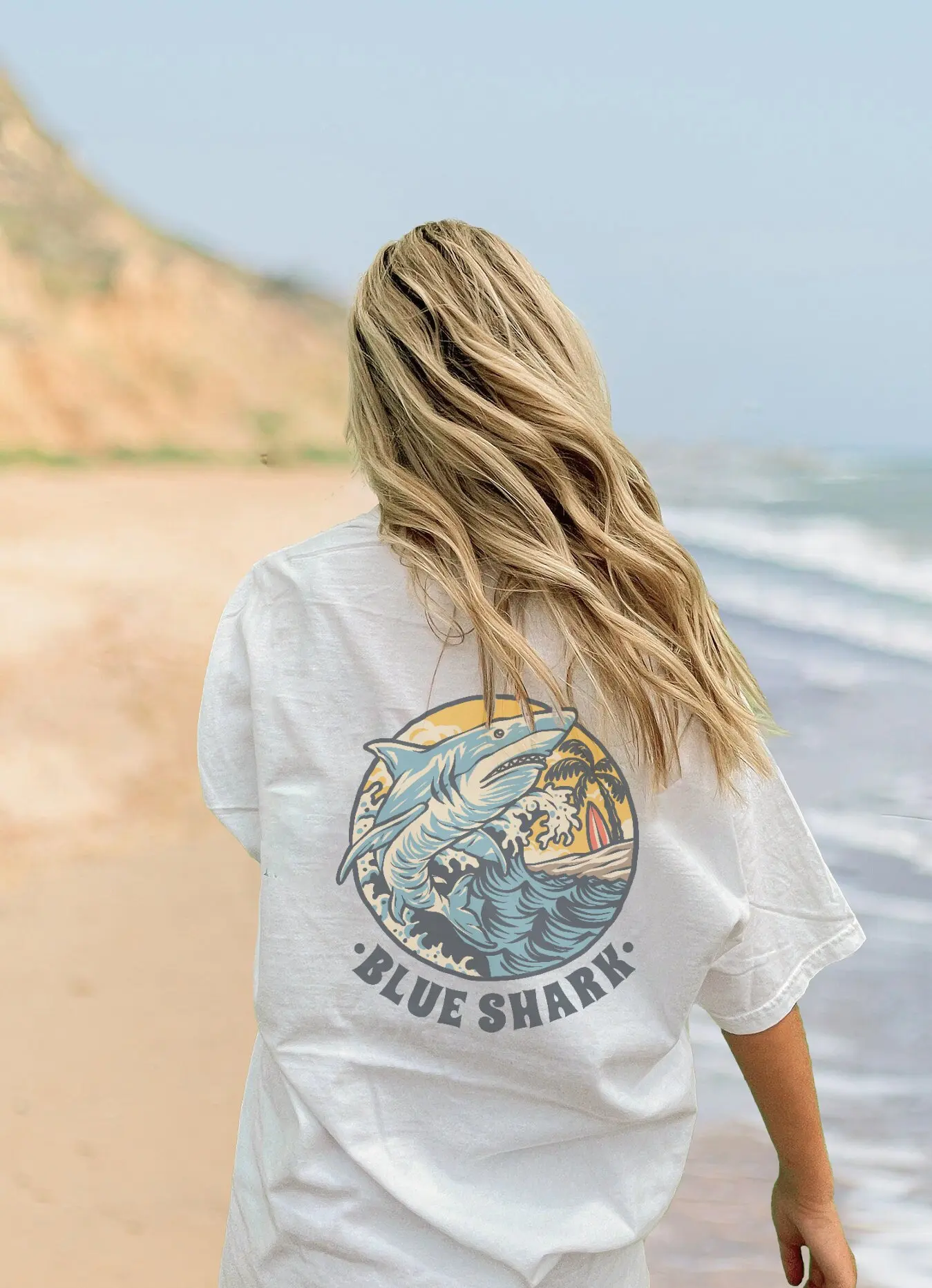 Blue Shark In The Sea Print T Shirt Female Summer Fashion Clothes Street Breathable Short Sleeve Casual T-Shirts Women