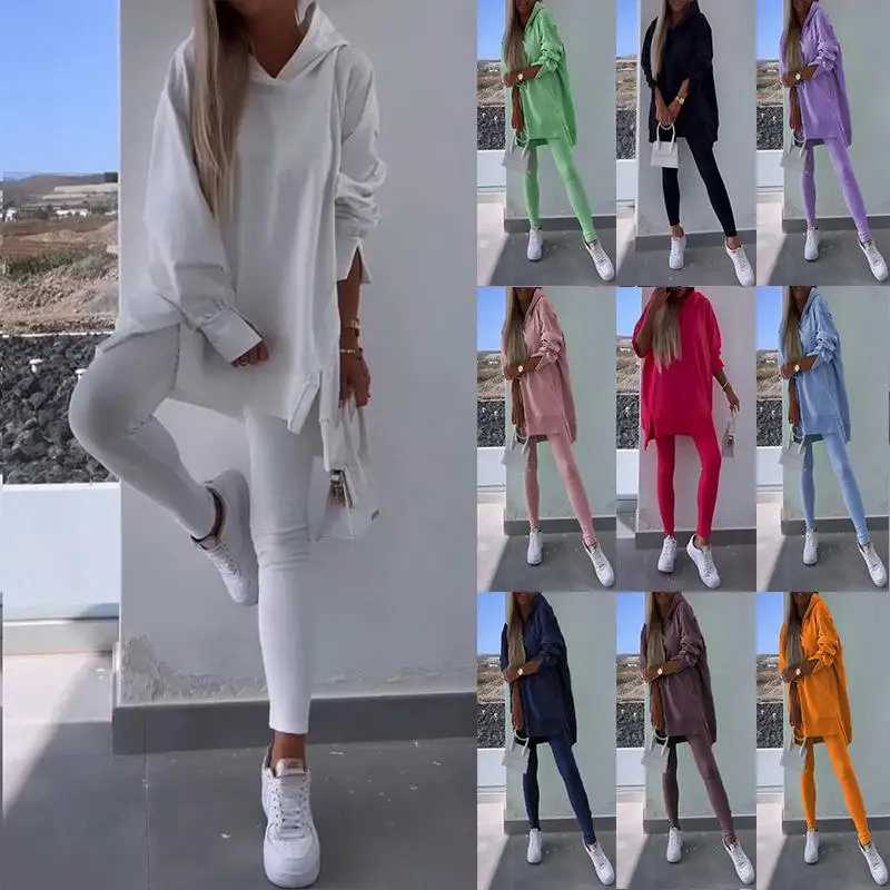 

Women's Hooded Sweatshirt Sports Suit with Slits Tight Long Pants Winter Fashion Set Three-Piece Suit Long Sleeve Color