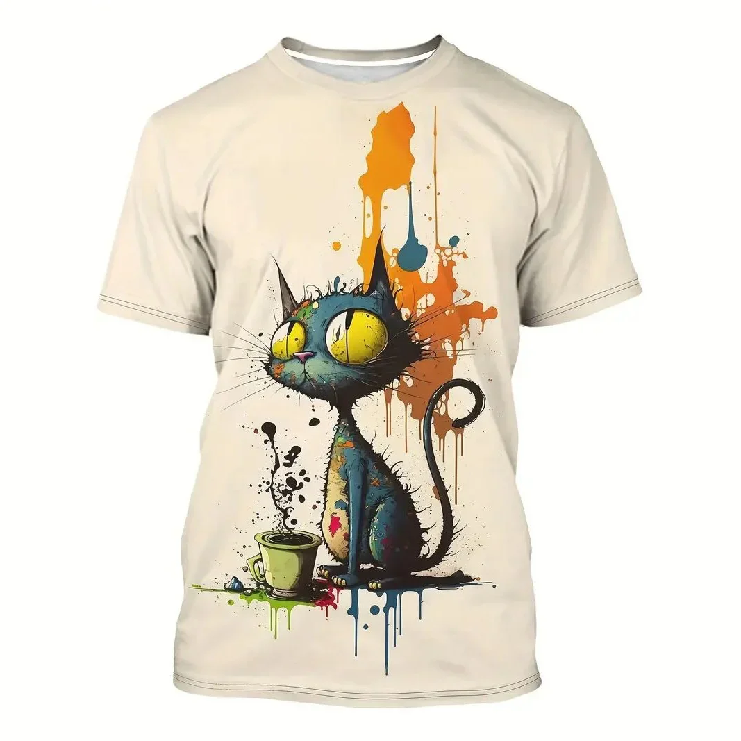 

Cartoon Kitten Printed T Shirt For Men Funny Animal Oversized T-shirt Casual O-neck Short Sleeve Loose Tops Summer Men's Clothes