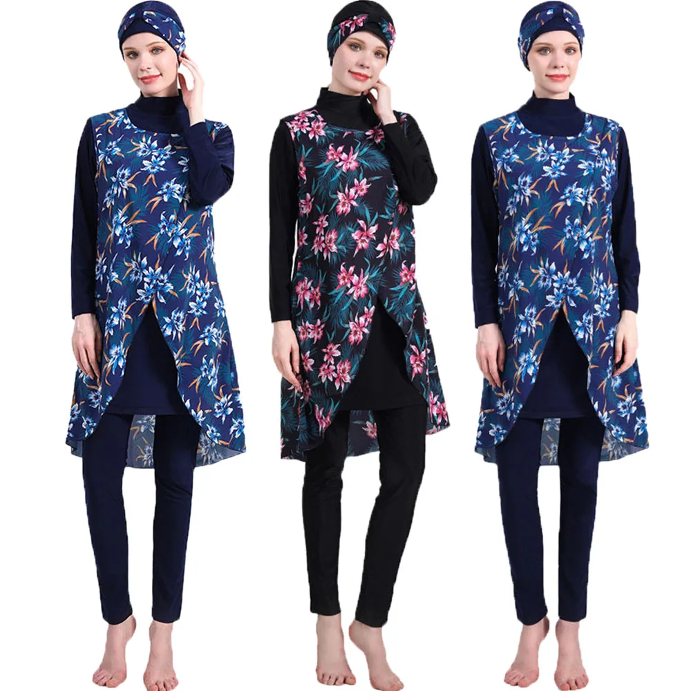 

4 Pieces Muslim Swimwear Women Printed Full Cover Hijab Long Sleeves Sport Swimming Islamic Burkinis Wear Bathing Suit Costumes