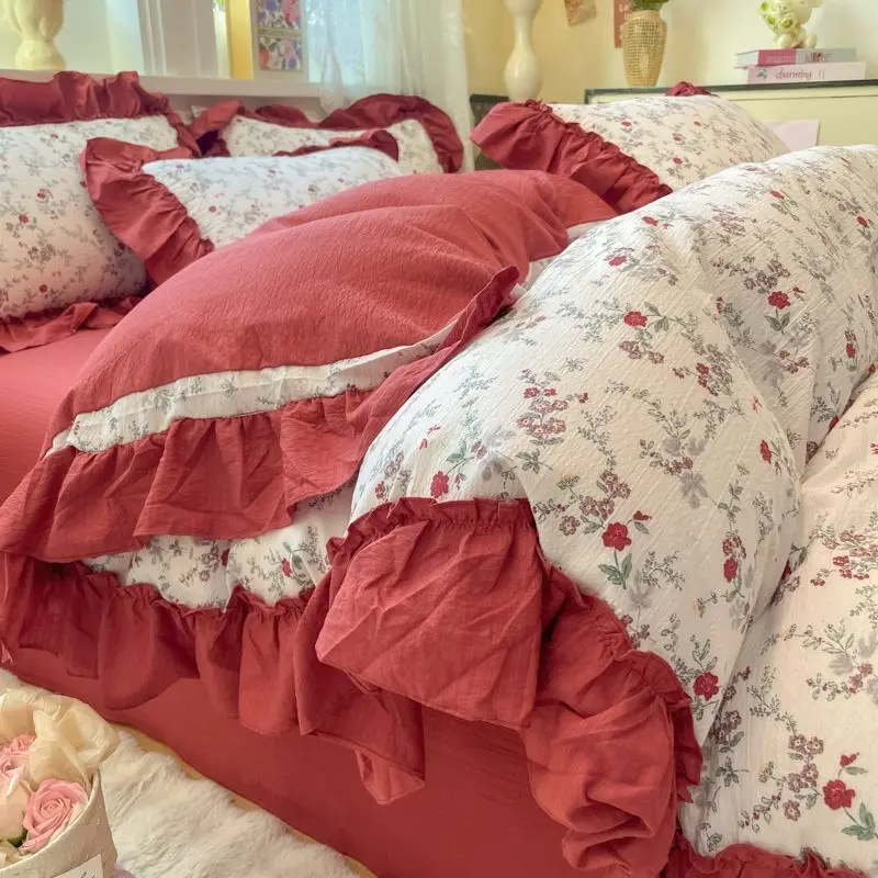 Korean Style Floral Double Gauze Bedding Set 3pcs/4pcs Soft Breathable Cotton Duvet Cover Sheet Girly Dorm Home Textile