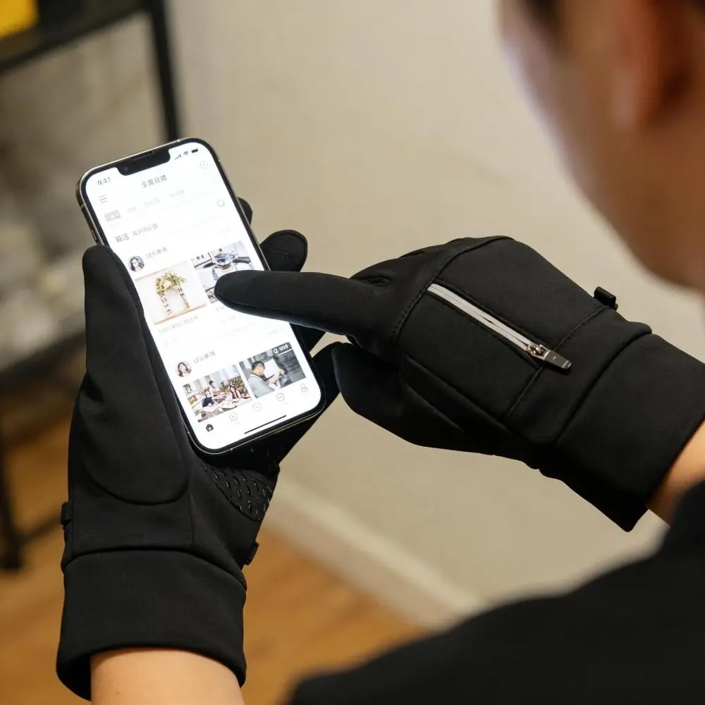 Polyester Winter Cycling Gloves Black M, L, XL Thermal Full Finger Gloves Wrist Zipper Medium-thick Zipper Winter Gloves