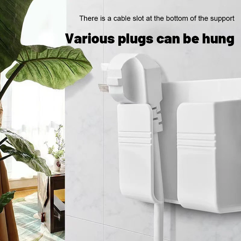 1Pc White Punch Free Wall Mount Phone Plug Holder Mobile Phone Charging Stand Air Conditioner TV Remote Control Storage Box image 2