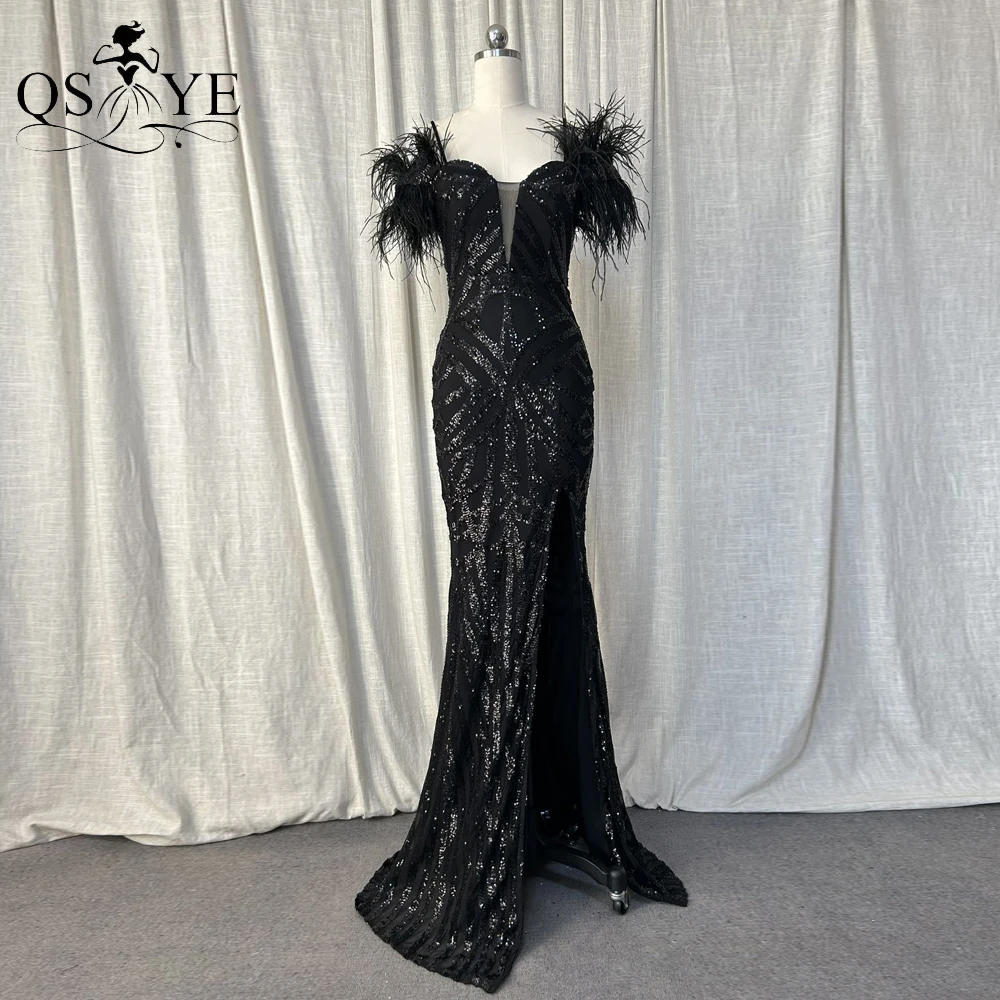 Black Long Prom Dresses Spaghetti Straps Off Shoulder Pattern Sequined Evening Gown Sweetheart Neck Split Black Fur Party Dress