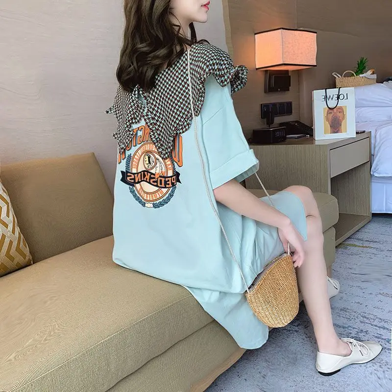 Sweet Peter Pan Collar Button Printed Letter abiti Casual abbigliamento femminile 2024 Summer New Loose All-match abito manica corta