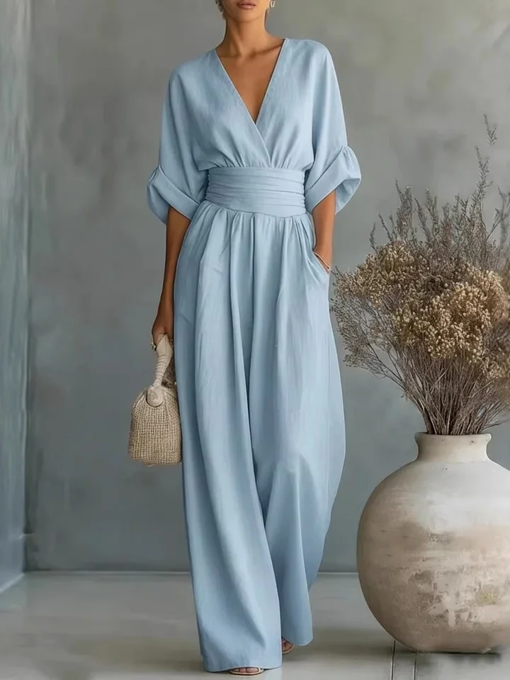

Elegant V-neck Jumpsuit High Waist Wide Leg Pants Summer New Women's Fashionable Monokini Polyester Fiber Long Pants