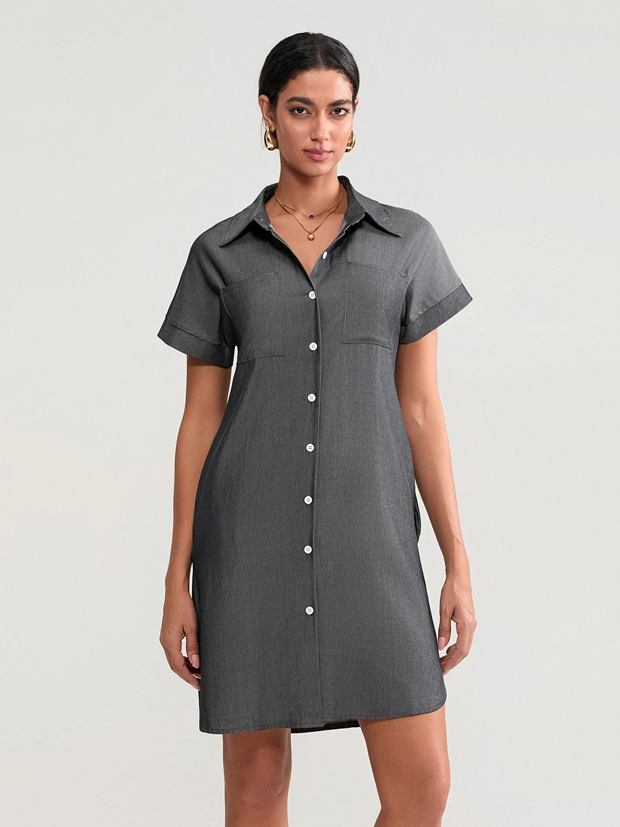 Women Denim Shirt Dress Button-down Pocket Lapel Neck Short Sleeve Curved Hemline Summer Dresses