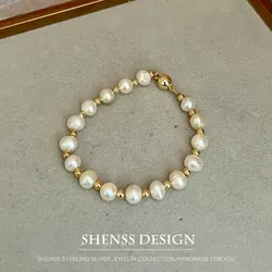 Natural 5-6mm Freshwater Pearl Bracelet for Women Copper Plated 14K Gold Accessories Classic Temperament