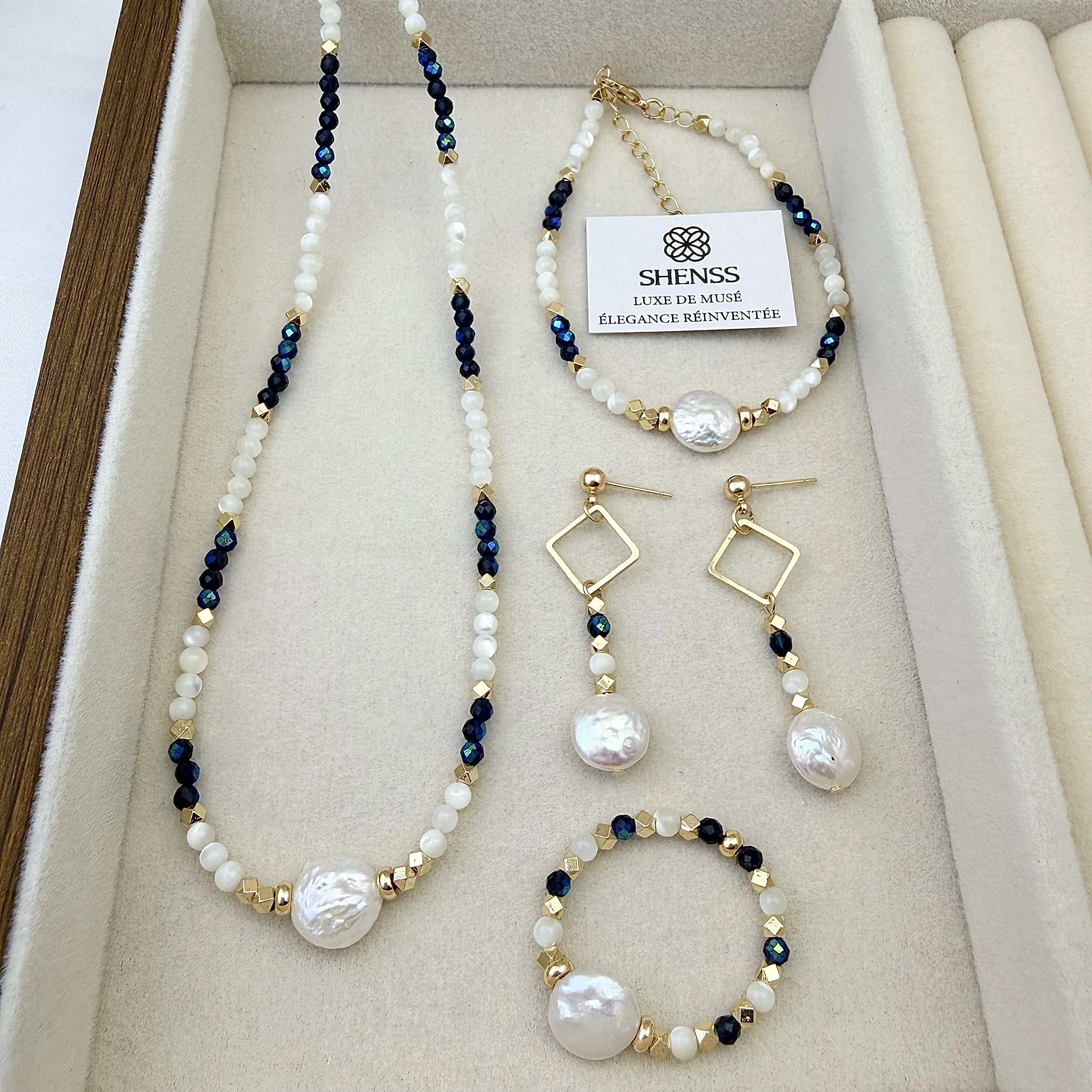 

Natural Freshwater Pearl & Blue Spinel Jewelry Set Luxury Contrast Necklace Bracelet & Earrings Elegant Versatile Gift for Her