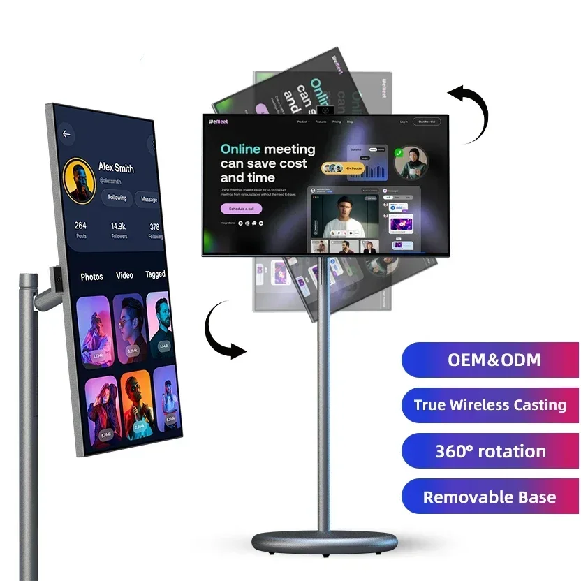 

27 Inch Touch Screen Monitor 128Gb 9000Mah Moveable Stand Tv 27" Tv Display Follow by Me Battery Powered Mobile 4K Smart Tv
