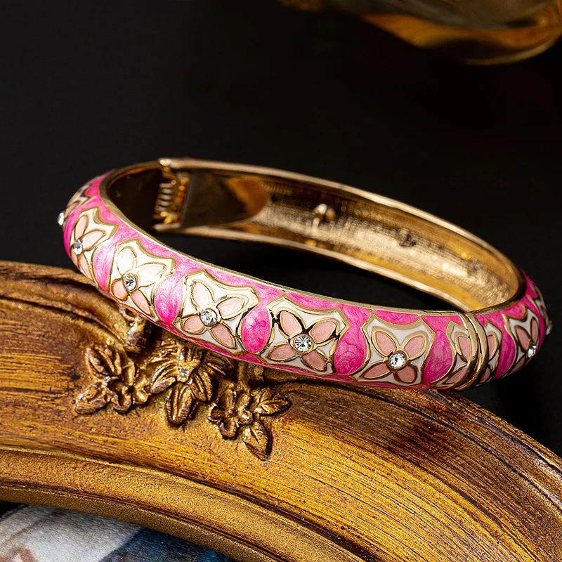 Enamel Chinese Cloisonne Bracelet Traditional Chinese Flower Filigree Flower Bangle Classic Vintage Women's Hand Bracelet