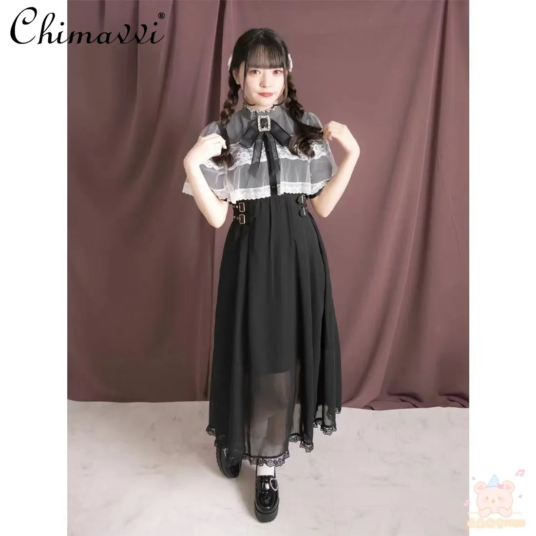 

Rojita Cloak Lace Stitching Long Chiffon Dress Summer Fashion Lady Girls Mine Series Mass-Produced Short Sleeve Maxi Dress Women