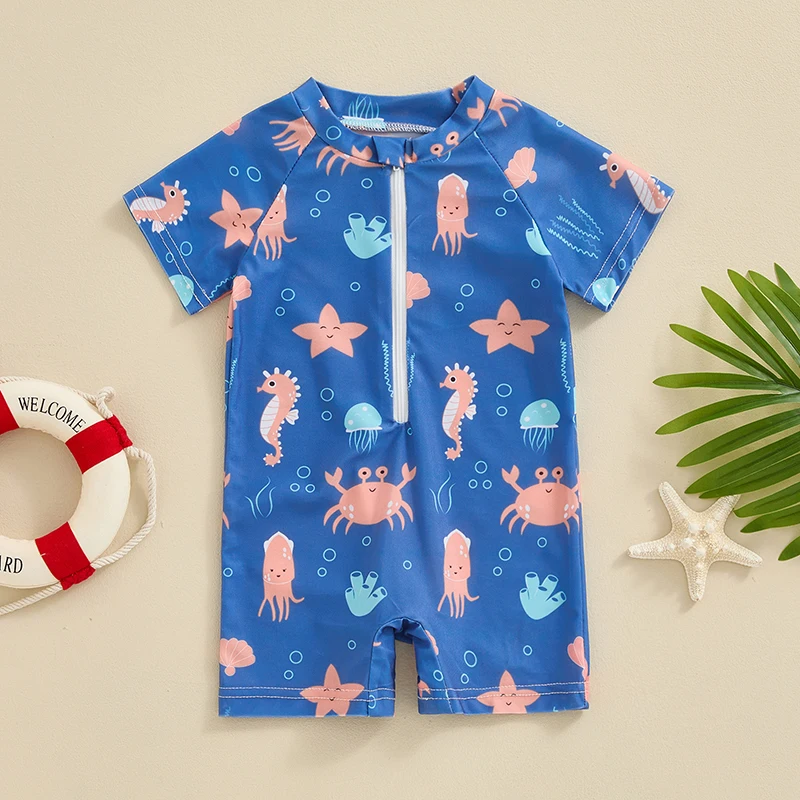 

Toddler Boys Rash Guard Swimwear Cartoon Marine Organisms Print Short Sleeve Swimsuits Front Zipper Bathing Suits