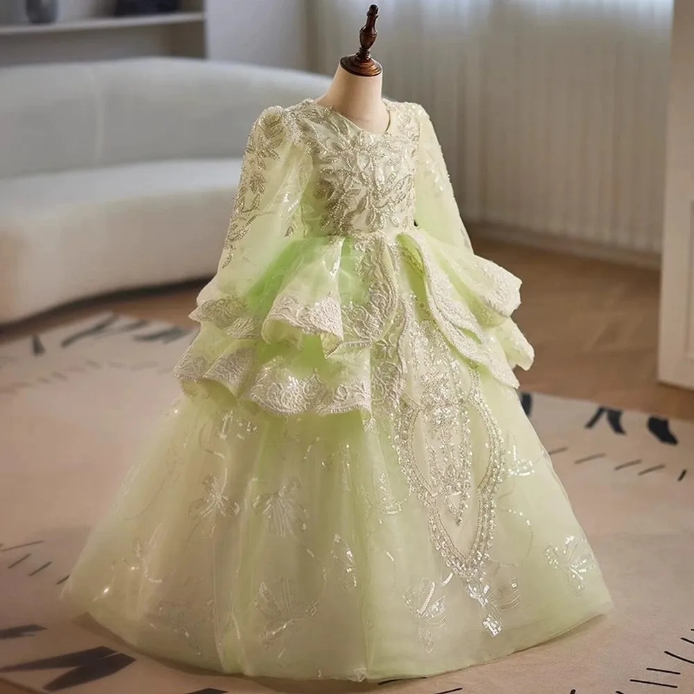 High Quality Mint Green Princess Special Occasion Flower Girl Dress Wedding Pary Prom Perform Birthday Baby Child Kid Ball Gown