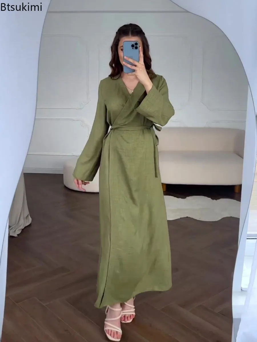 Vestidos musulmanes para mujer, vestido largo liso con cuello en V y cintura alta con cordones, Abaya informal de Ramadán Marruecos, caftán árabe de Dubái, bata modesta Islam