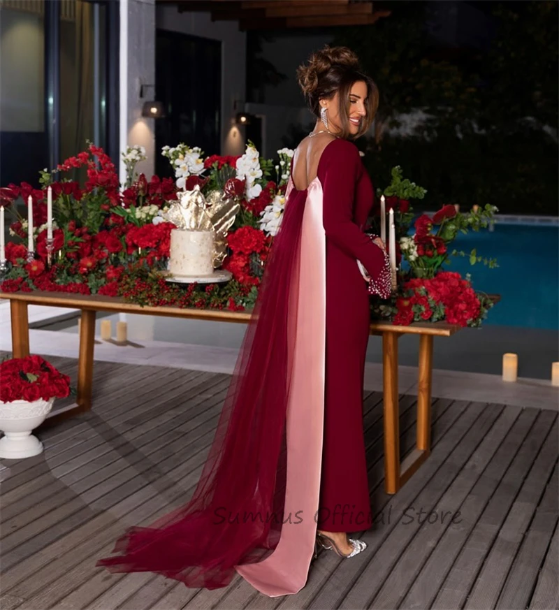 SUMNUS Burgundy Satin Long Mermaid Prom Dresses Rose Pink 3D Flowers Split Arabic Women Evening Gowns Shiny Formal Party Dress