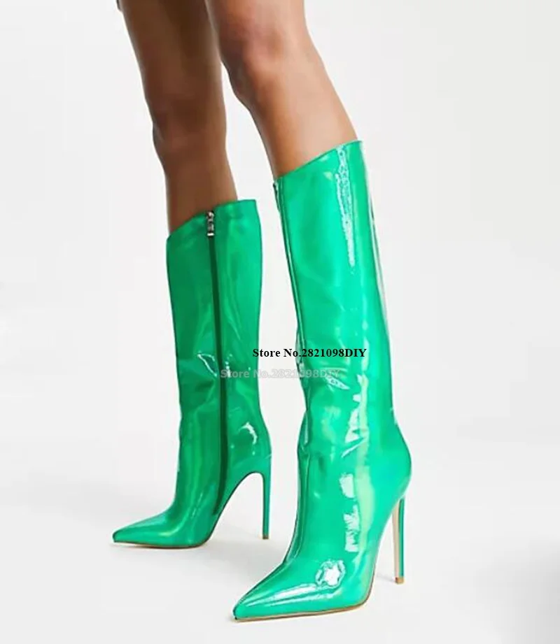 

Slim Stiletto Heeled Knee High Boots In Green Metallic Women Pointed Toe Thin High Heel Long Boot