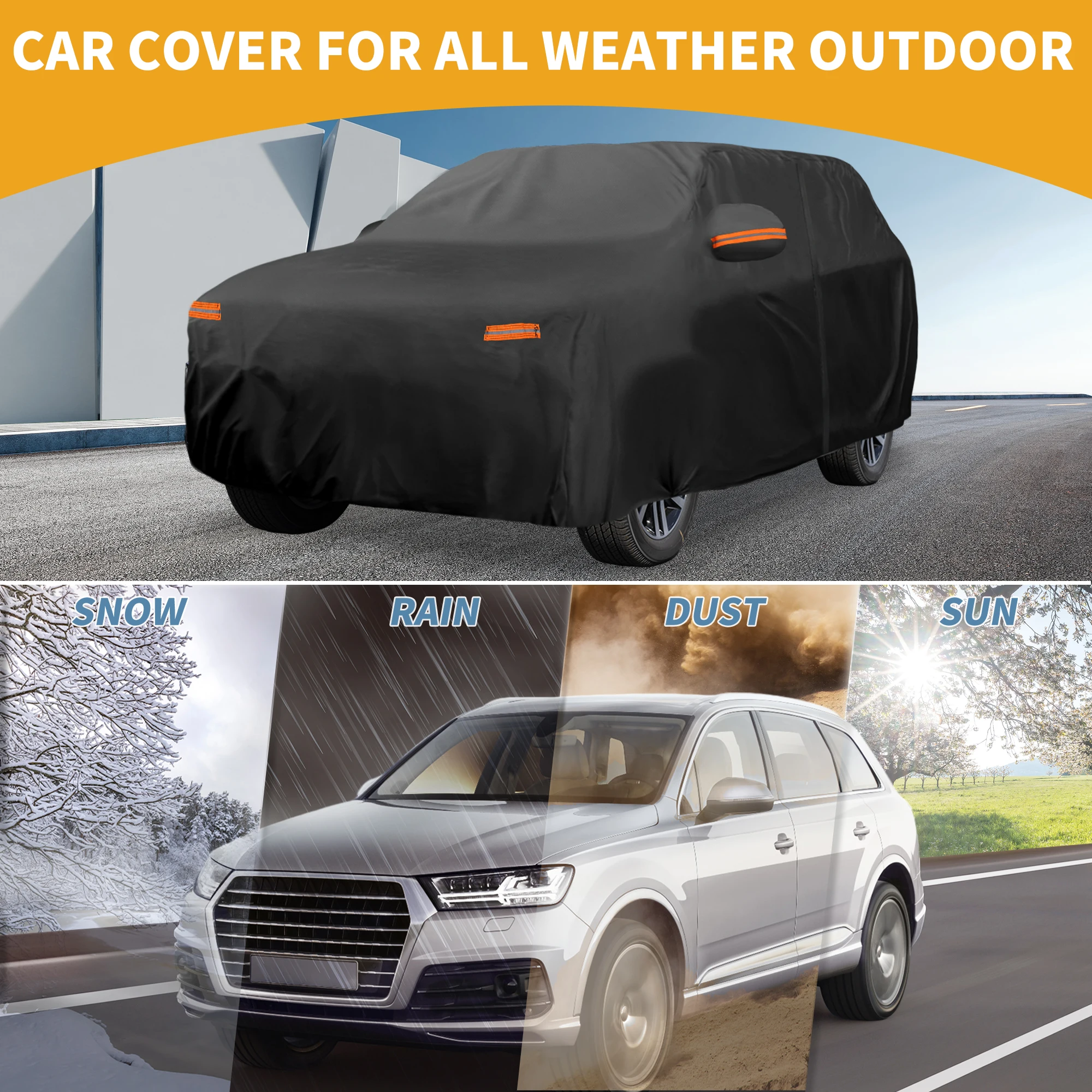 X Autohaux Car Cover Waterproof All Weather Sun Protection Full Exterior Cover for Kia EV9 190T-PU Black with Reflective Strips