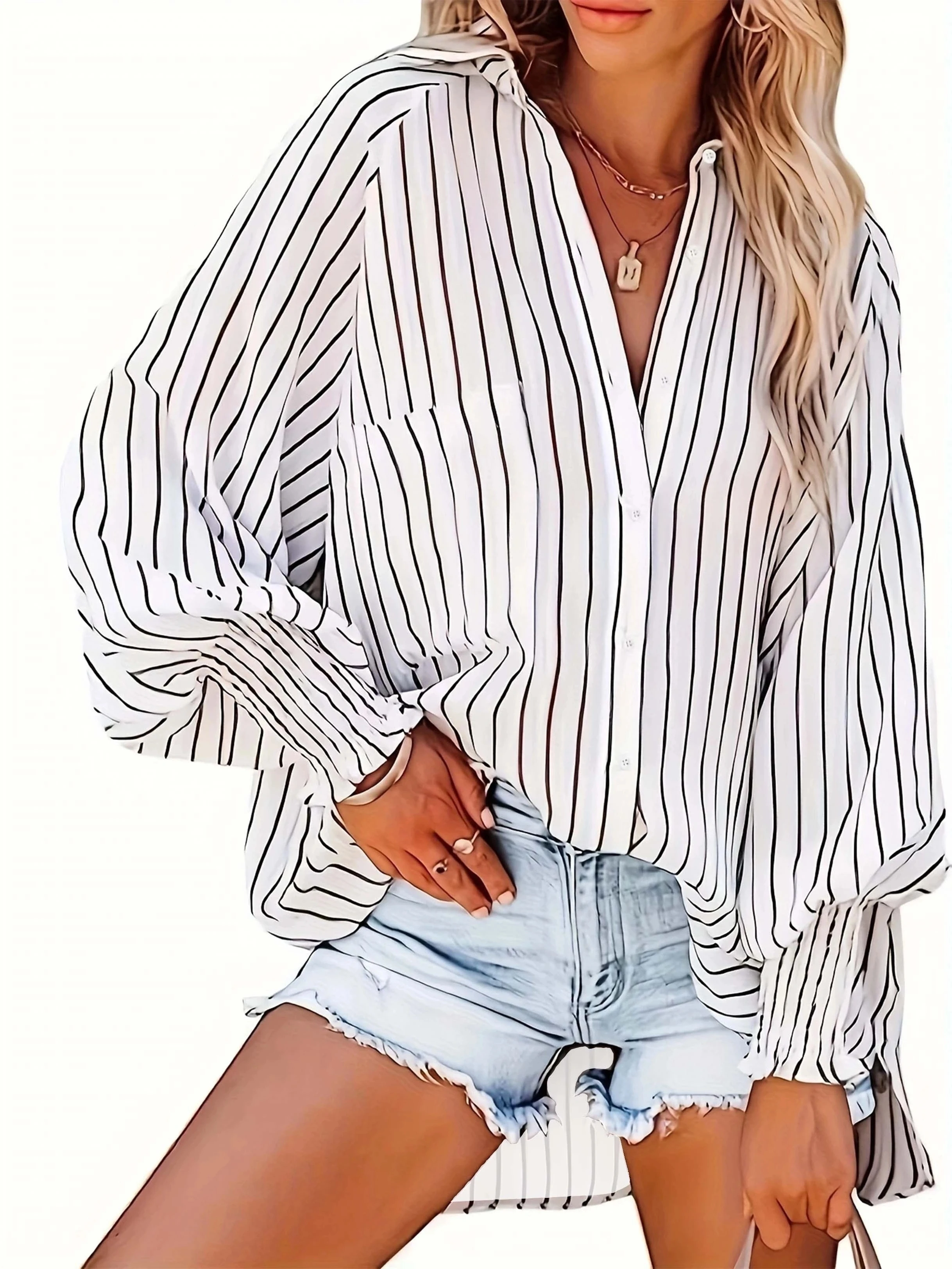 Women\'s Plus Size 1XL-5XL Button Long Sleeved Shirt V-neck Striped Top Casual Fashion Breathable Shirt