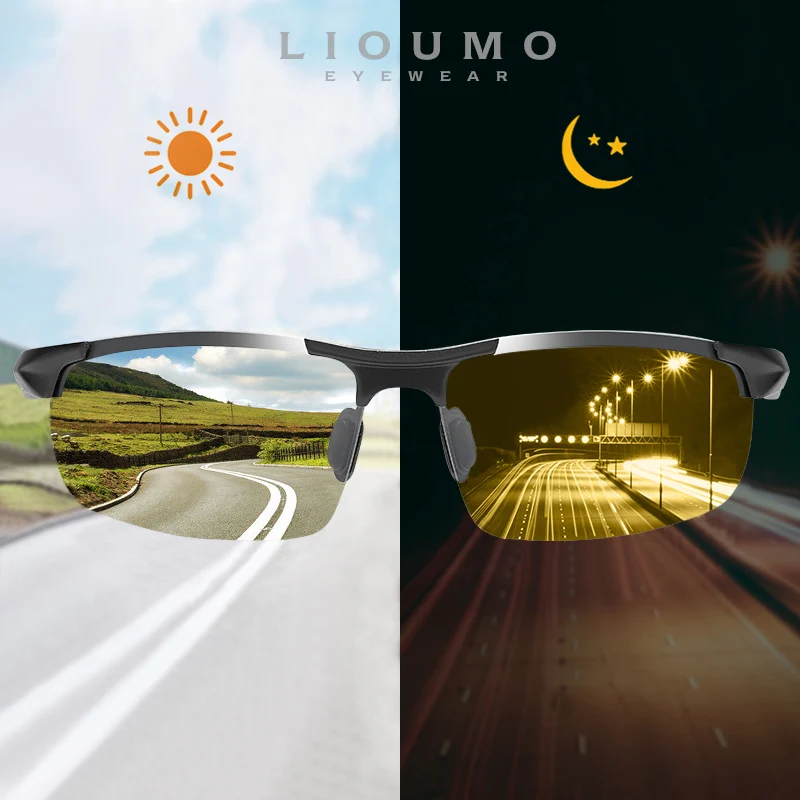 

LIOUMO Aluminum Rimless Photochromic Sunglasses Men Polarized Glasses Women Day Night Driving Goggles lunette de soleil homme