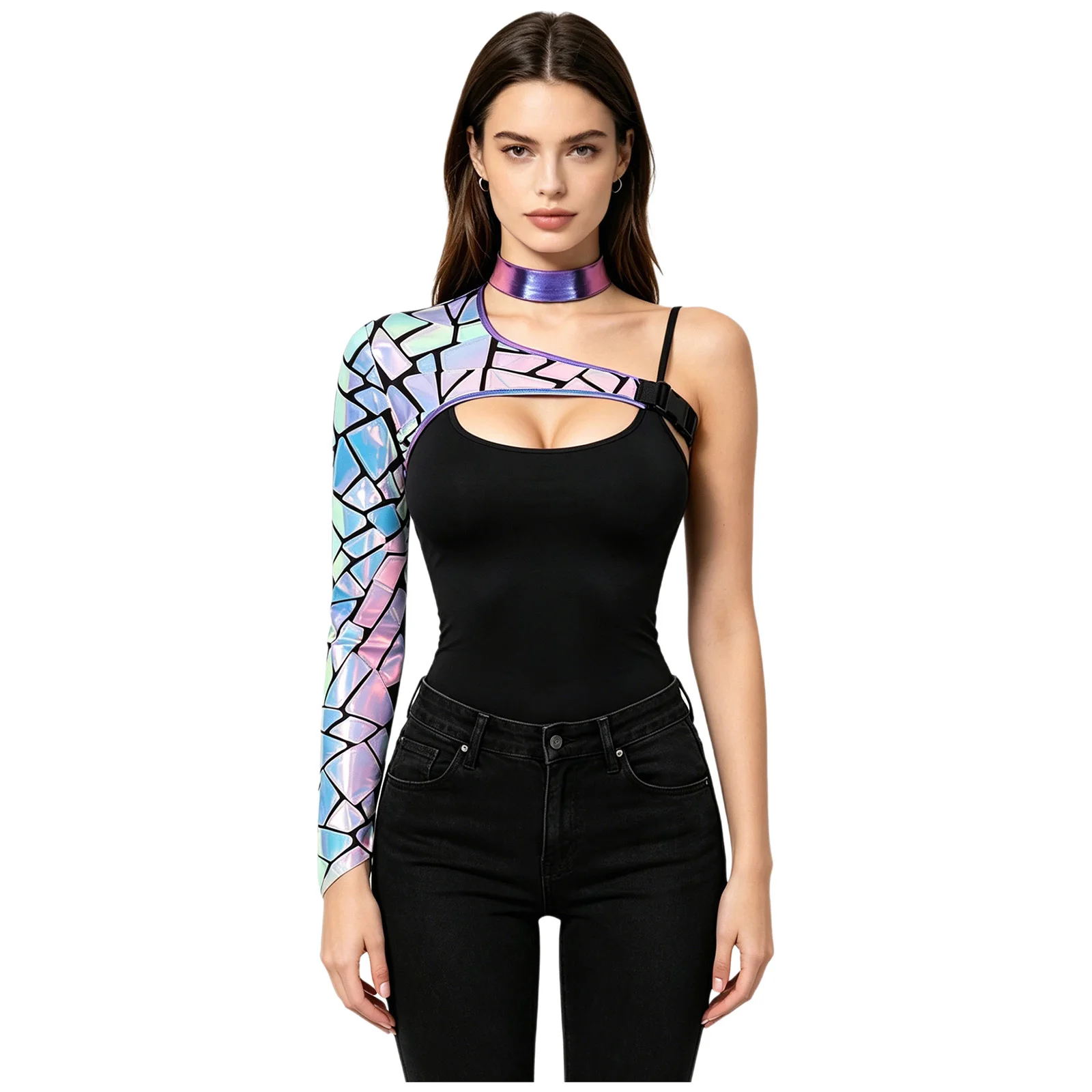Women Adult One Shoulder Single Arm Top Metallic Asymmetrical Sequin Crop Top Halloween Astronaut Space Alien Cosplay Costume