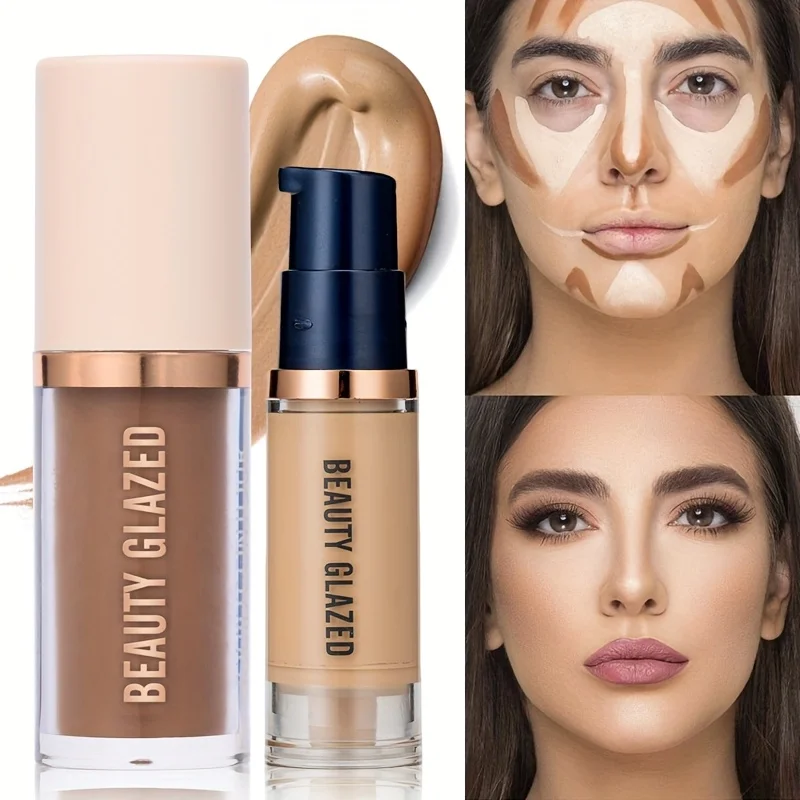 Juego de maquillaje de 2 piezas/set, base de cobertura total + contorno, cubre las ojeras, maquillaje base natural, resistente al agua, fácil de transportar