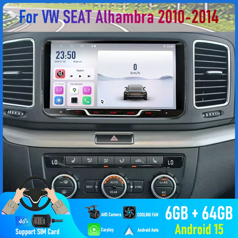 

9'' For SEAT Alhambra 2010-2014 Car Radio 4G SIM Carplay Android 15 Auto GPS BT Steering Wheel Control Navi Camera Google Map FM