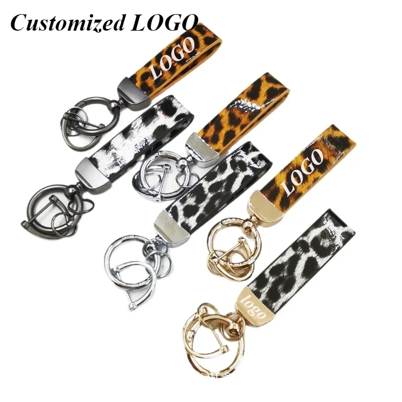 

Custom Logo Fashion Leopard Print Leather High-end Car Keychain Chain Personalized Keyring Laser Engrave Key Ring Gift Bulk