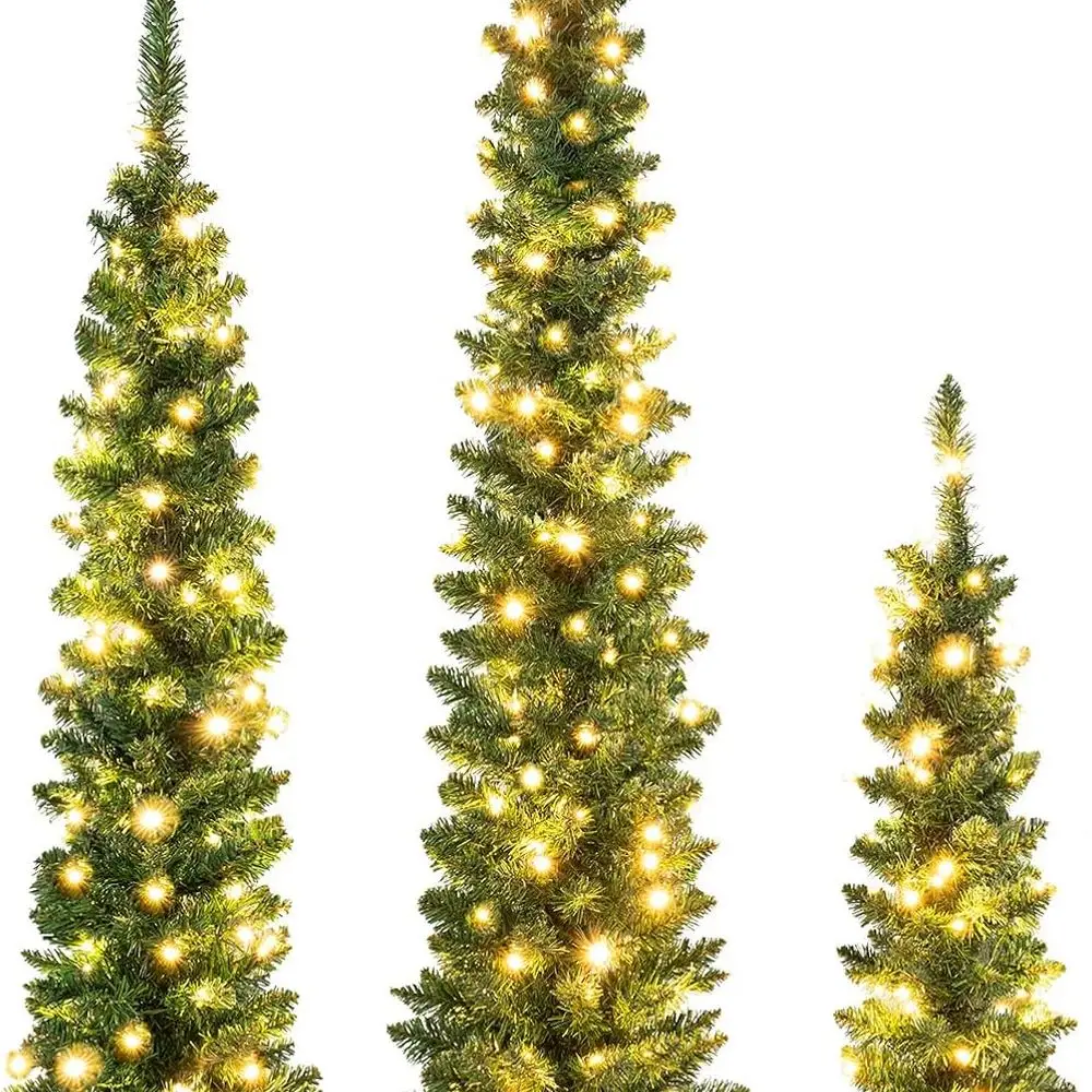 

Set of 3 Artificial Slim Pencil Christmas Trees Pre-Lit with 230 Warm White LEDs, 415 Tips, Burlap Base for Holiday Home and Off