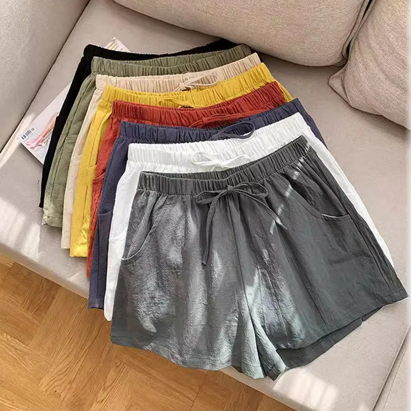 

Cotton Linen Shorts Women Summer High Waist Gym Workout Casual Shorts Ladies Fashion Solid Simple Basic All-Match Short Pants