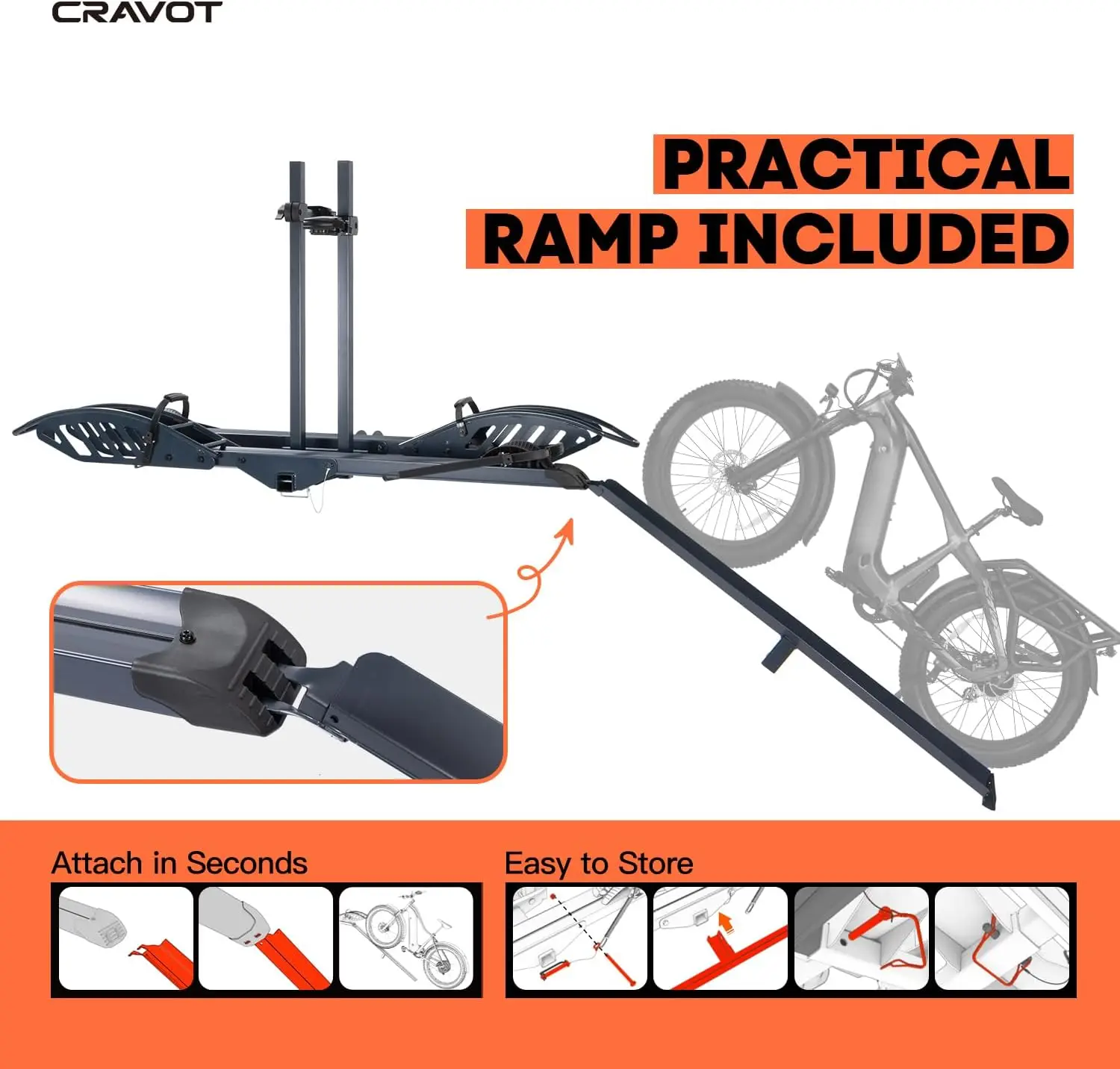 E2 Hitch 2 E-Bike Rack with Ramp,200 lbs Capacity Electric Bike Carrier Platform Mount, Up to 5-inch Fat Tire