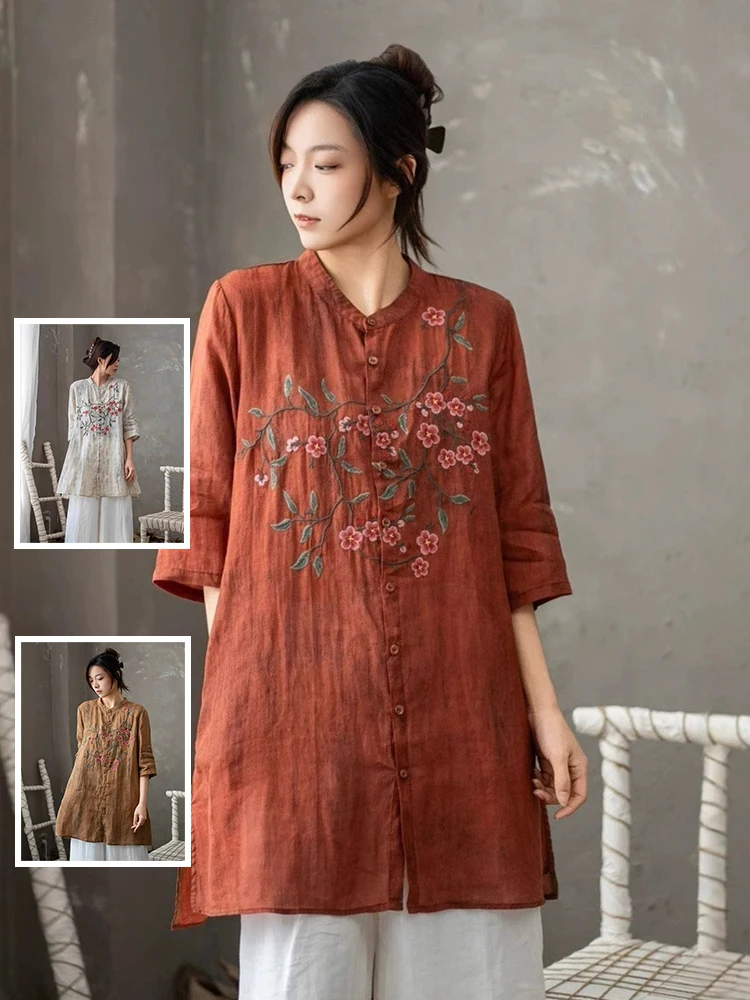 레트로 자수 미디 셔츠 플러스 사이즈 여성 캐주얼 오픈 가디건 슬릿 스탠드 칼라 빅 버튼 미디 셔츠 여성용...