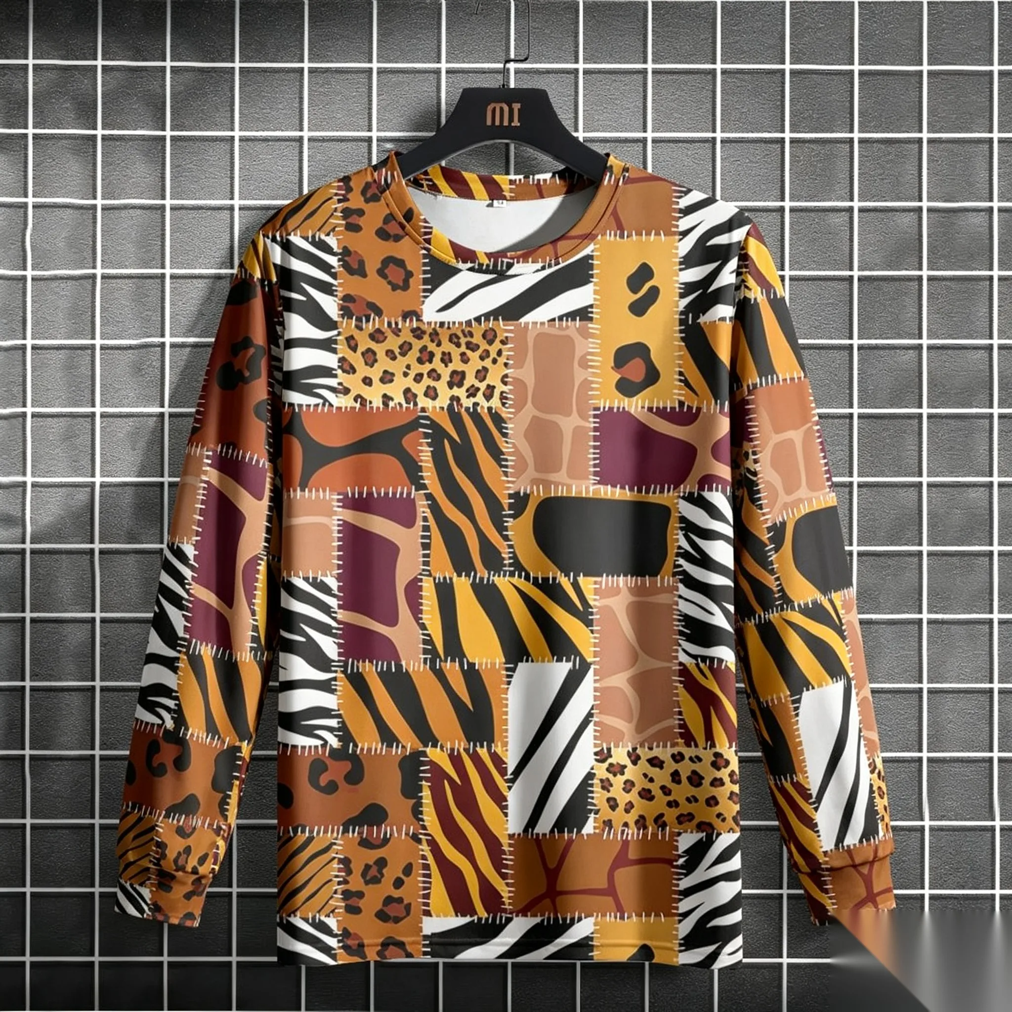 Men's African Ethnic Tribal Pattern 3D Print Long Sleeve T-Shirt Vintage Animal Patchwork Mandala Graphic Casual
