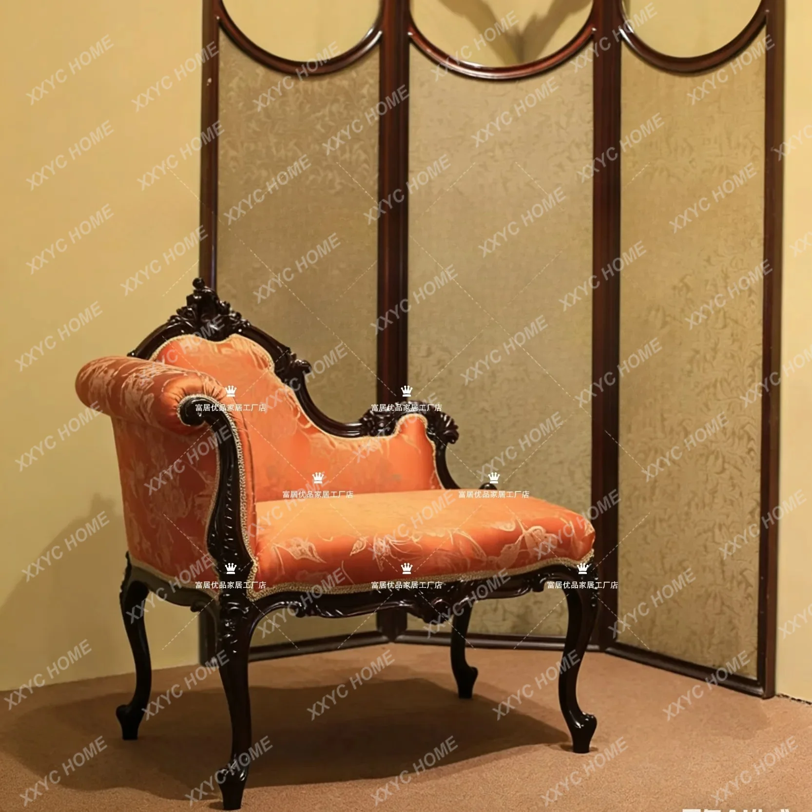 XX Retro Solid Wood Carving Flower Leisure Recliner Medieval Bedroom Flannel Sofa  Comfortable