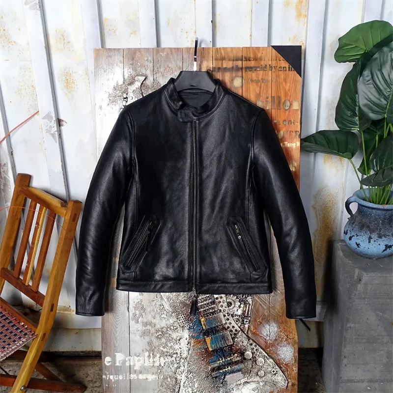 

Genuine Cowhide Leather Jaet Men's Slim Fit Faionable Busin Casual ort Sle Zipper Closure Pure Copper Zipper