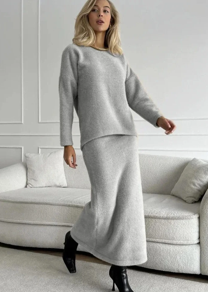 

2025Новый осенний офисный наряд для поездок на работу, женские однотонные свободные макси-юбки, костюм, элегантный прямой топ с длинными рукавами и круглым вырезом