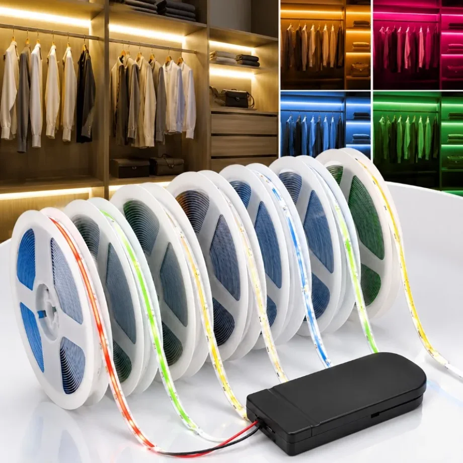 0.5-3m 8mm PCB 320LEDs/m COB LED Light Strip CR2032 Button Battery Box Flexible Tape for Home Decoration DIY Lighting Design