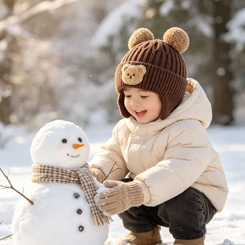 1-10PCS Baby Bear Ears Knit Beanie Hat Soft Warm Winter Cap for Infant Toddler Boys Girls Cute Earflap Hat Cold Weather