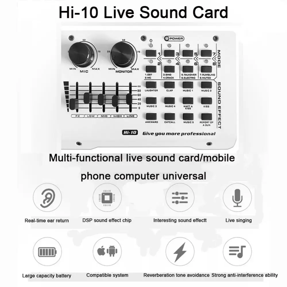 Micfuns hi-10 32Bit 48 125khz 8効果bluetoothサウンドカードミキサーサウンド効果プロセッサyoutubeのライブレコーディングdjパフォーマンス