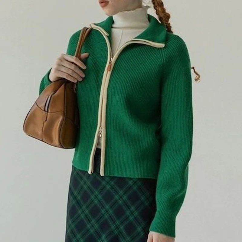 Autumn Winter Women Vintage Fashion Polo Collar Zipper Knitted Cardigan Y2K Sweet Chic Casual Long Sleeve Ribbed Sweater Coat