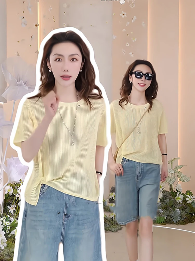 캐주얼 시크 통기성 순색 아이스 실크 니트 탑 반팔 오버헤드 디자인 한국 스타일 레귤러 핏 여름 필수품