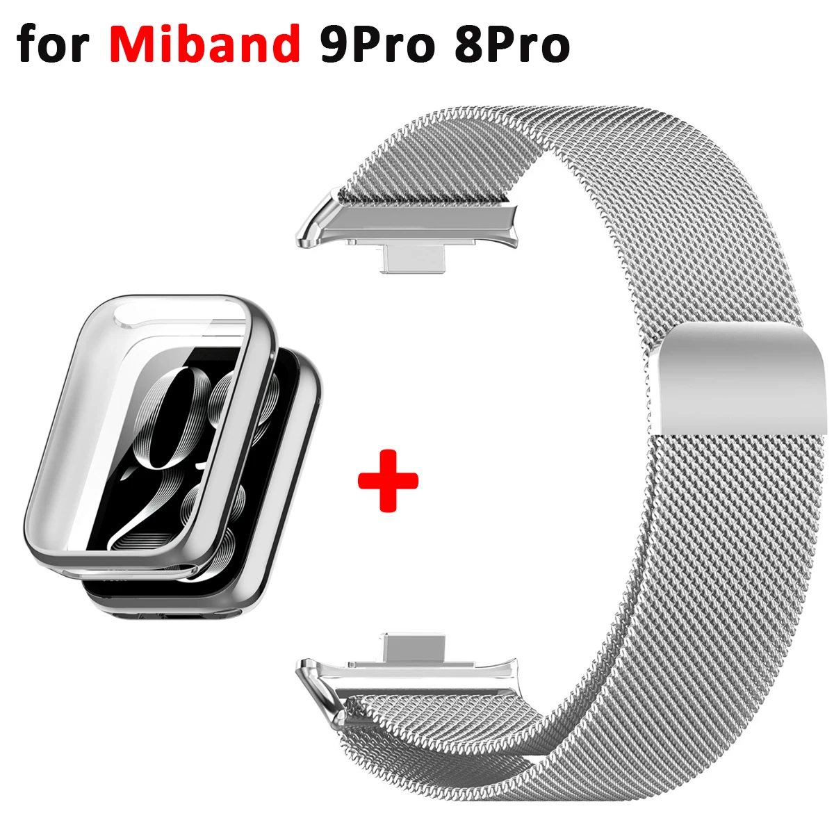 Metallarmband für Xiaomi Mi Band 8 Pro/9 Pro Armband mit TPU-Gehäuse, weichem Displayschutz, Milanaise-Magnet-Ersatzarmband