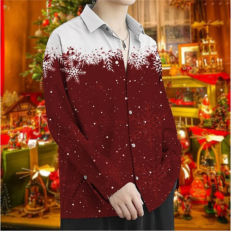 Happy New Year Men\'s Shirt Christmas Party Print Lapel Long Sleeve Shirt All-match Large Size Fashion Personality Shirt