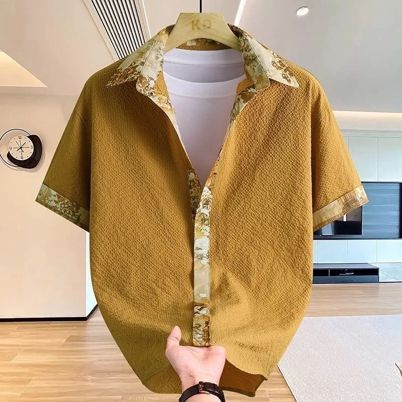 Men's Shirt Summer Refreshing Seersucker Contrasting Color Printing Cardigan Short Sleeves Shirts Casual Hawaiian Beach Tshirt