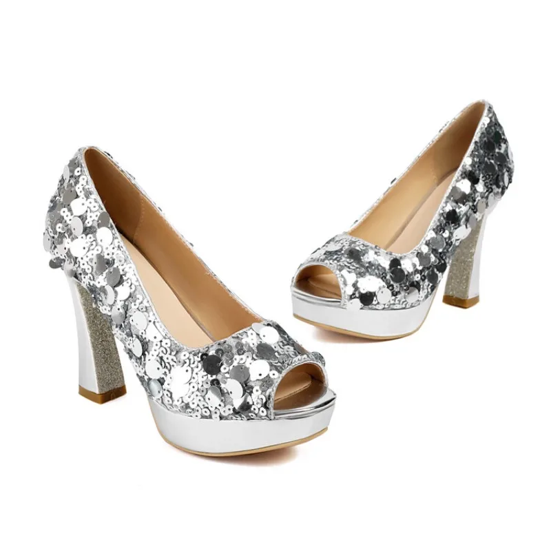 

2023 весна-лето, женские туфли на высоком каблуке 13 см, роскошные женские туфли на платформе, серебристые туфли-лодочки с открытым носком и блестками