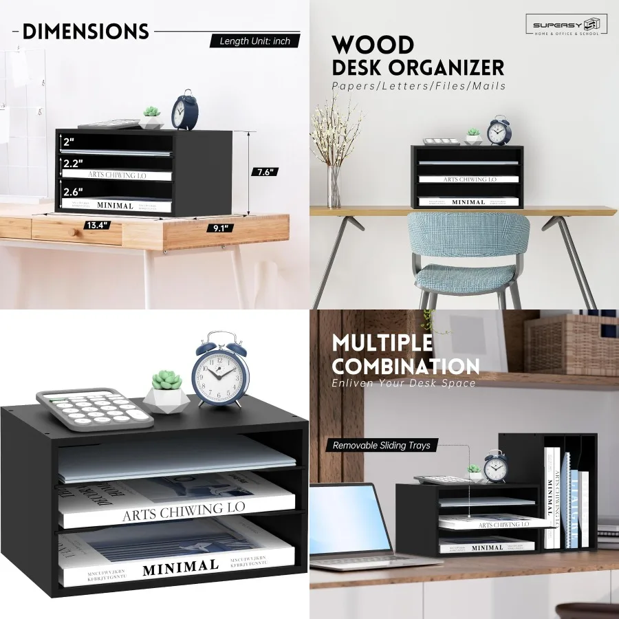 SUPEASY Organizador de escritorio de madera - Organizador de archivos de papel de 3 niveles para oficina, escuela y uso doméstico, negro - Solución de almacenamiento eficiente con