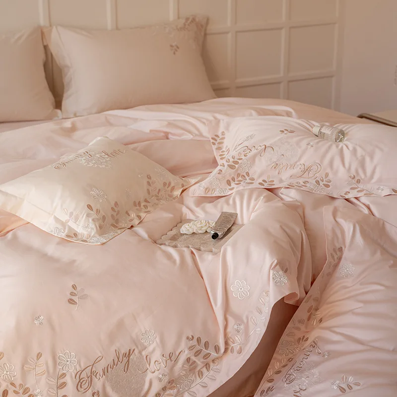 Light luxury 100 pcs satin long-staple cotton cotton four-piece set embroidery light luxury pure cotton bed quilt cover