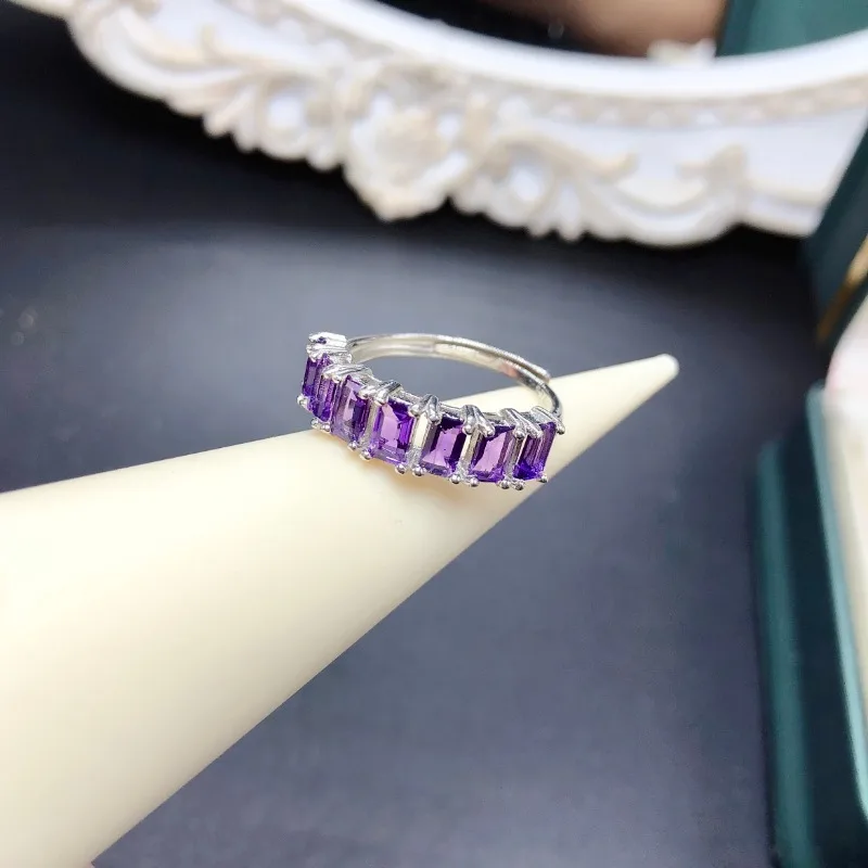 Pure Amethyst 3X5mm Rectangle Shape Natural Amethyst Ring 925 Sterling Silver Crystal Jewelry for Daily Wear