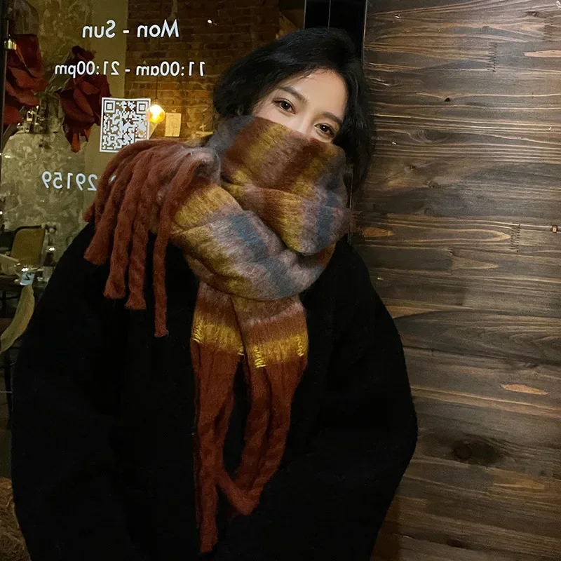 Korean Fashion Winter Imitation Cashmere Long Scarf Student Neck Thick Warm Shawl Women Popular Tassel Scarf Blanket Thickening