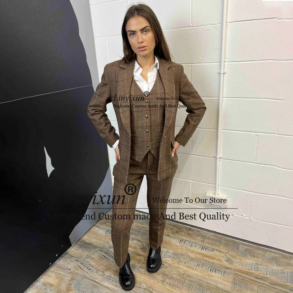 Fashion Vintage Plaid Suit Women Office Ladies 3 Pieces Set Jacket Pants Suit Slim Fit Women Wedding Blazer